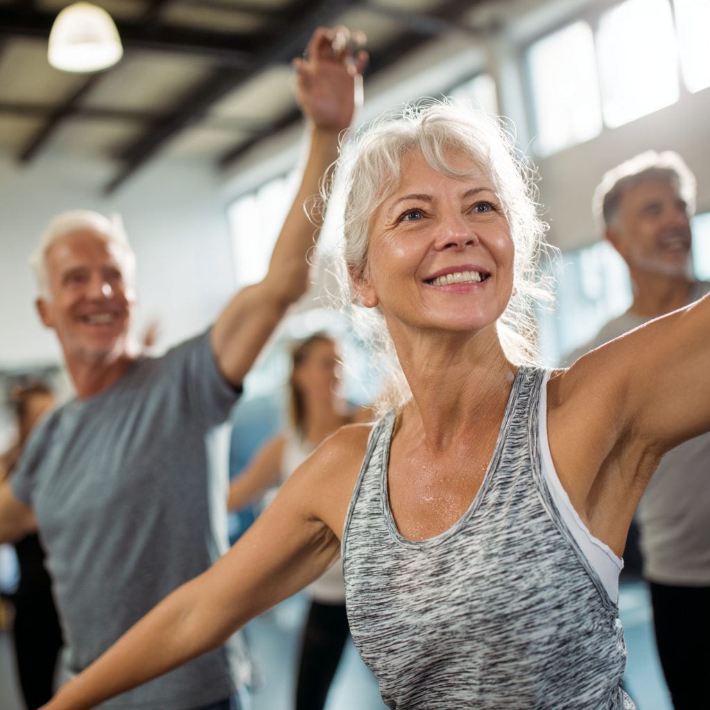 mature adults enjoying group fitness session in bright gymnasium