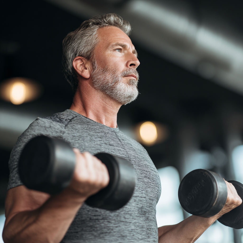 middle-aged person exercising with dumbbells in modern fitness studio